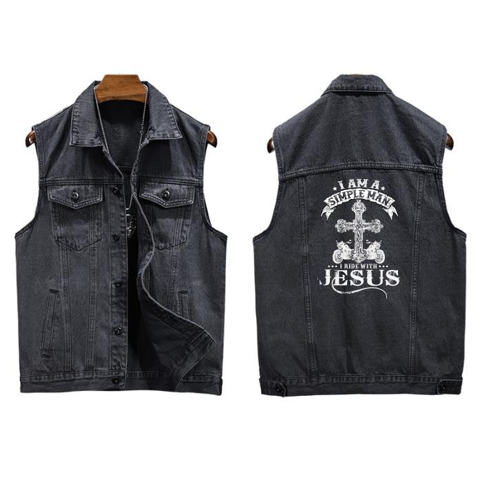 I Am A Simple Man I Ride With Jesus Denim Jacket Sleeveless Denim Vest For Men