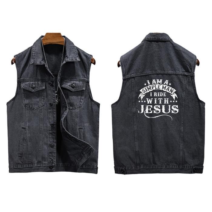 I Am A Simple Man I Ride With Jesus Sleeveless Denim Vest  Denim Jacket For Men