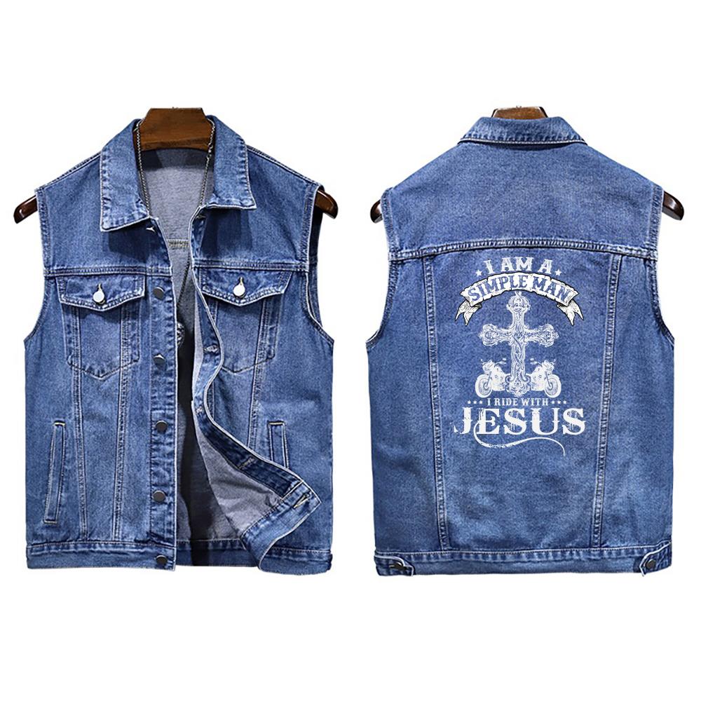 I Am A Simple Man I Ride With Jesus Denim Jacket Sleeveless Denim Vest For Men