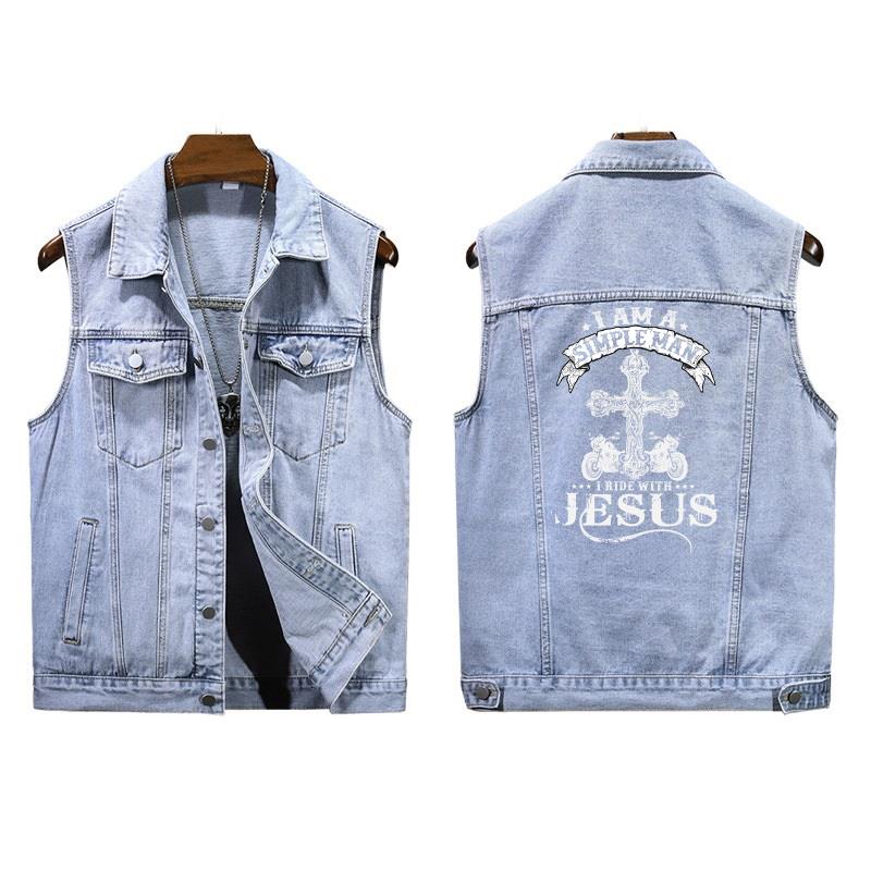 I Am A Simple Man I Ride With Jesus Denim Jacket Sleeveless Denim Vest For Men