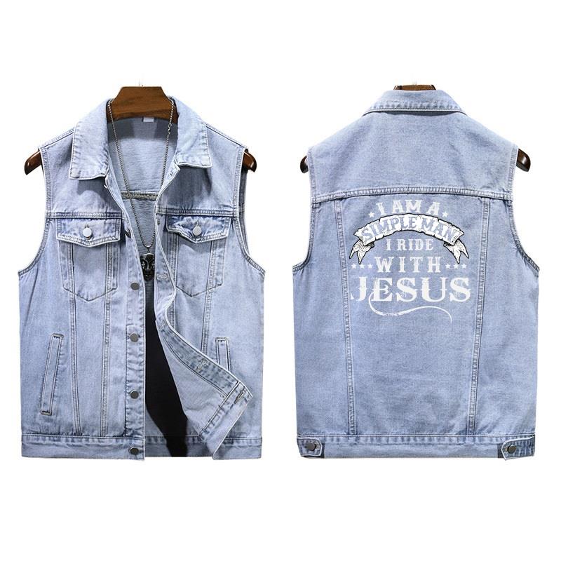 I Am A Simple Man I Ride With Jesus Sleeveless Denim Vest  Denim Jacket For Men