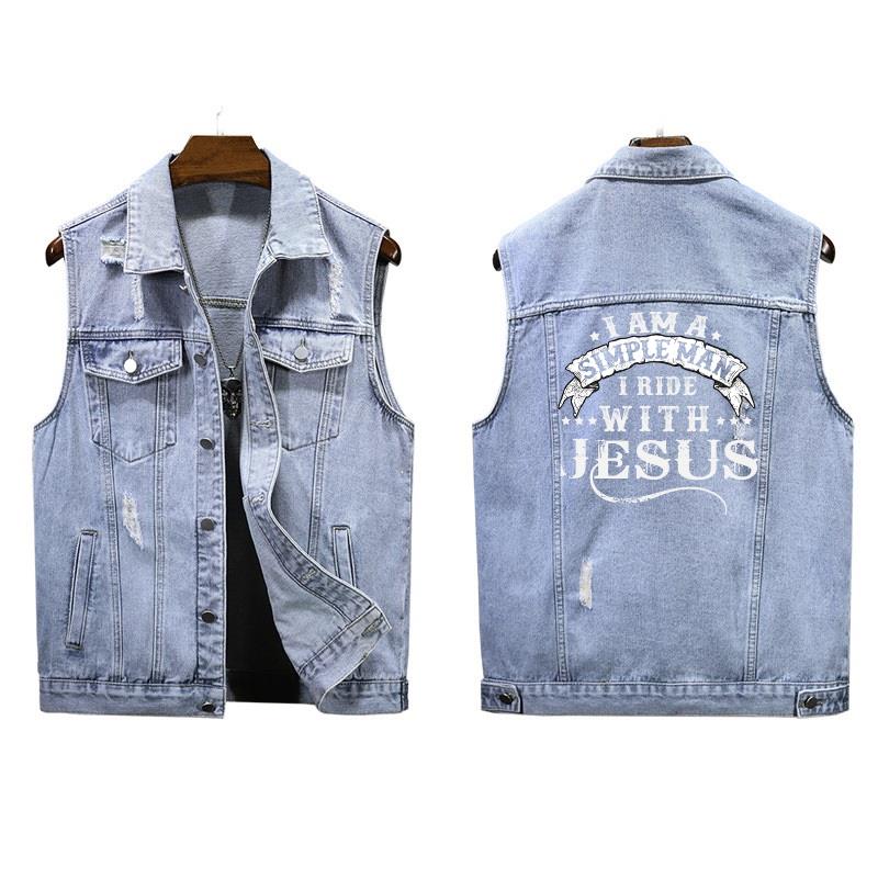 I Am A Simple Man I Ride With Jesus Sleeveless Denim Vest  Denim Jacket For Men