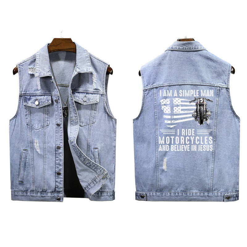 I Am A Simple Man I Ride Motorcycles And Believe In Jesus Motorcycle Sleeveless Denim Jacket For Men