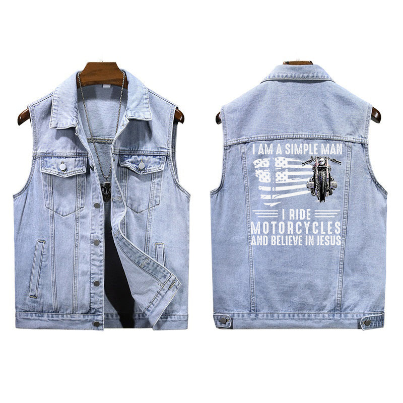 I Am A Simple Man I Ride Motorcycles And Believe In Jesus Motorcycle Sleeveless Denim Jacket For Men