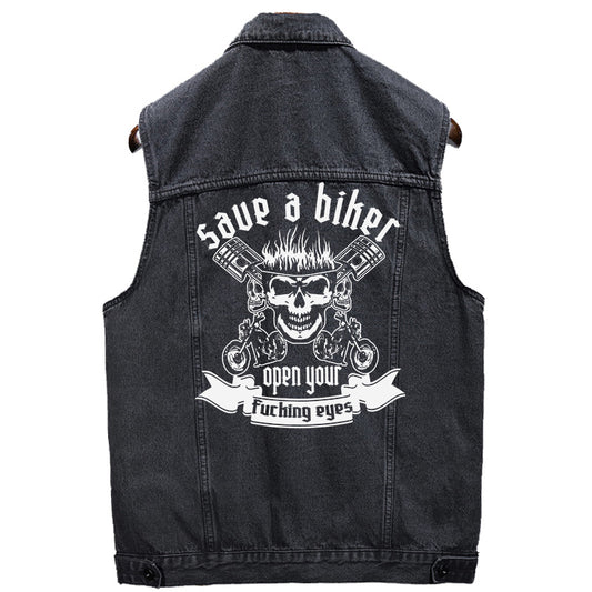 Save A Biker Open Your Eyes Denim Vest For Bikers Motorcycle Jacket For Men