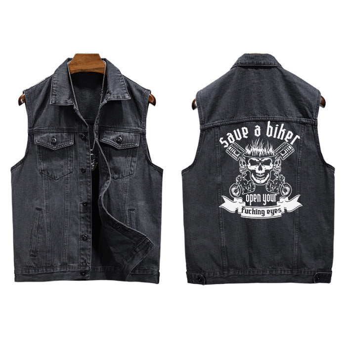 Save A Biker Open Your Eyes Denim Vest For Bikers Motorcycle Jacket For Men