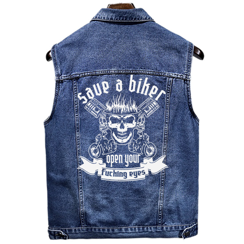 Save A Biker Open Your Eyes Denim Vest For Bikers Motorcycle Jacket For Men