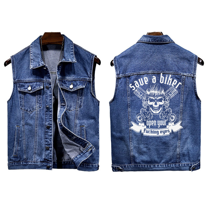 Save A Biker Open Your Eyes Denim Vest For Bikers Motorcycle Jacket For Men