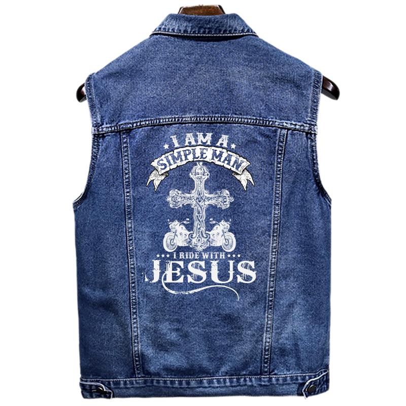 I Am A Simple Man I Ride With Jesus Denim Jacket Sleeveless Denim Vest For Men