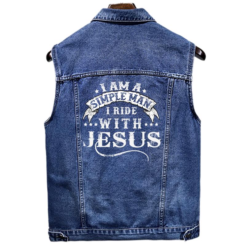 I Am A Simple Man I Ride With Jesus Sleeveless Denim Vest  Denim Jacket For Men